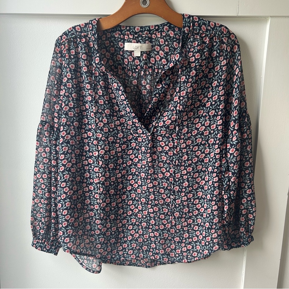 Loft Women's Petite Blouse Floral Blue Pink Ties Boho Office Cottagecore PXS